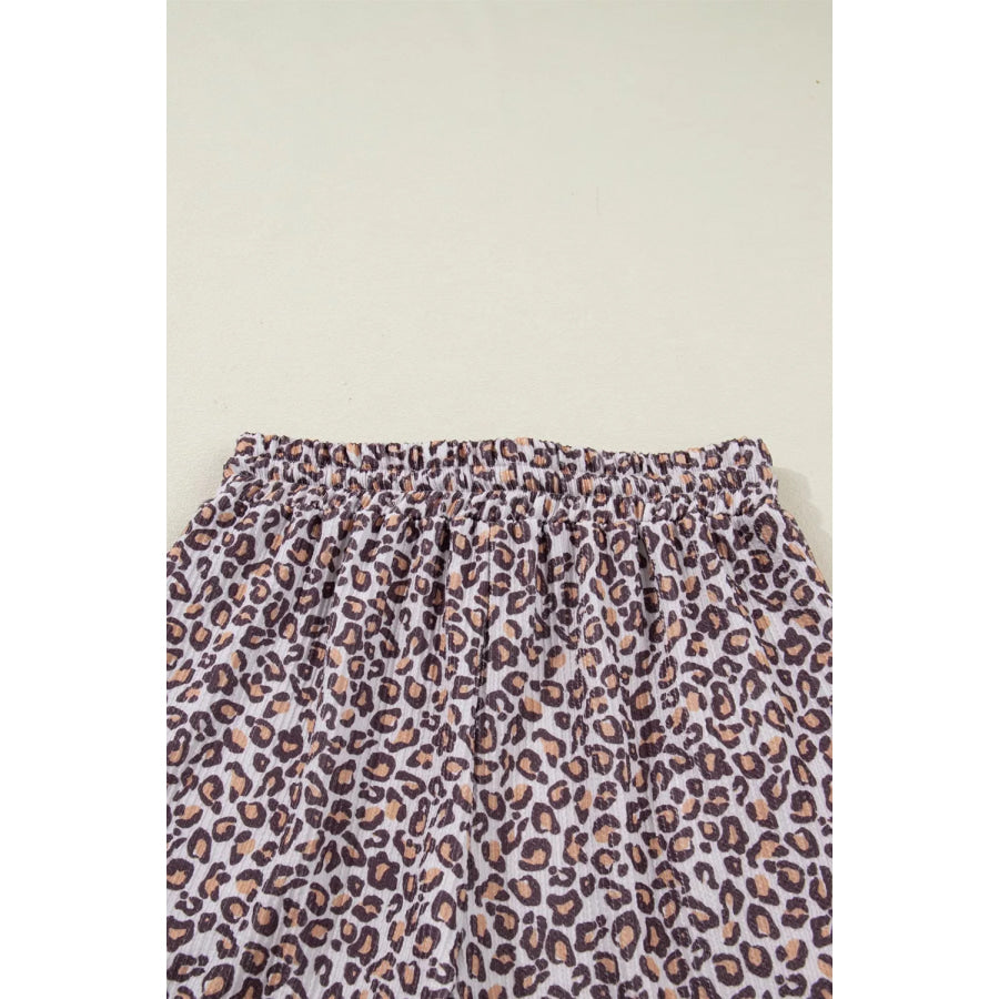 Leopard Ribbed Long Sleeve Top Drawstring Shorts 2pcs Outfit Apparel and Accessories