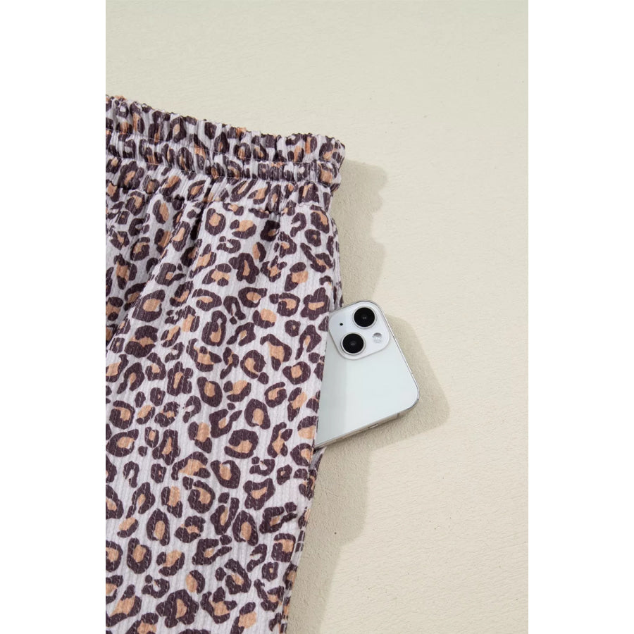 Leopard Ribbed Long Sleeve Top Drawstring Shorts 2pcs Outfit Apparel and Accessories