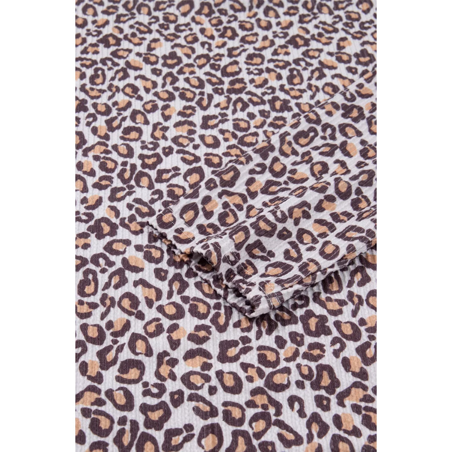 Leopard Ribbed Long Sleeve Top Drawstring Shorts 2pcs Outfit Apparel and Accessories