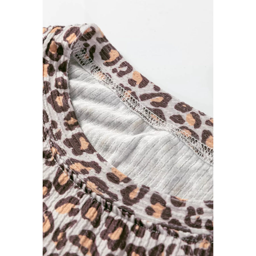 Leopard Ribbed Long Sleeve Top Drawstring Shorts 2pcs Outfit Apparel and Accessories
