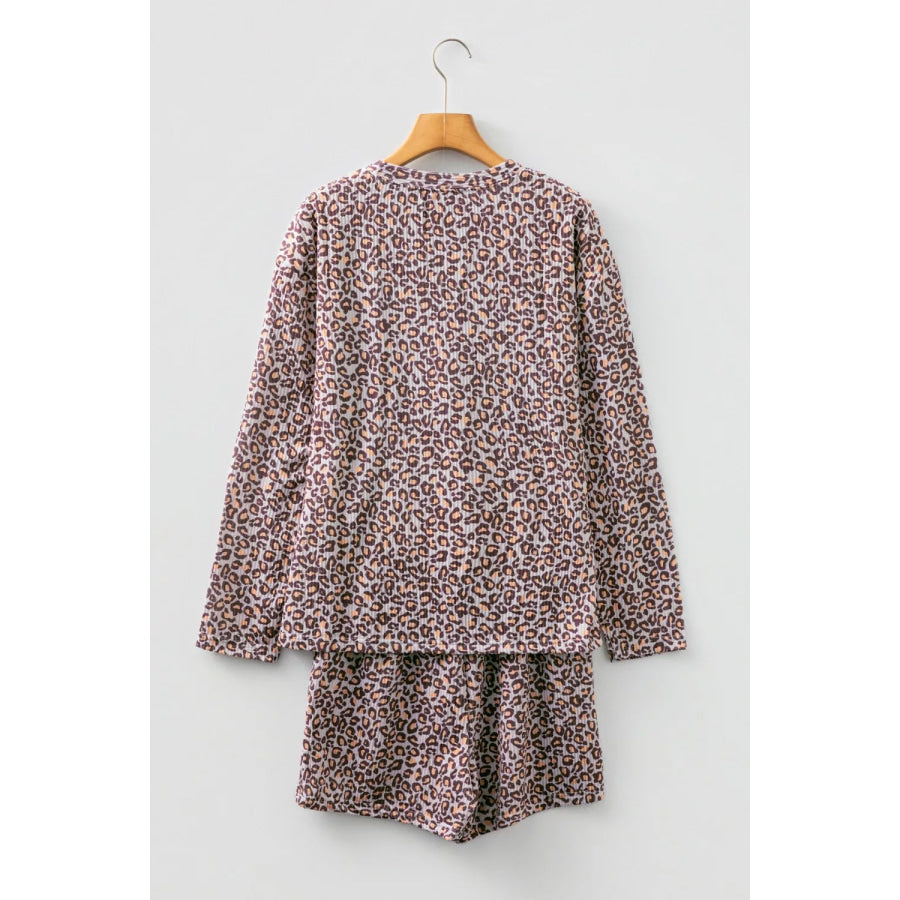 Leopard Ribbed Long Sleeve Top Drawstring Shorts 2pcs Outfit Apparel and Accessories