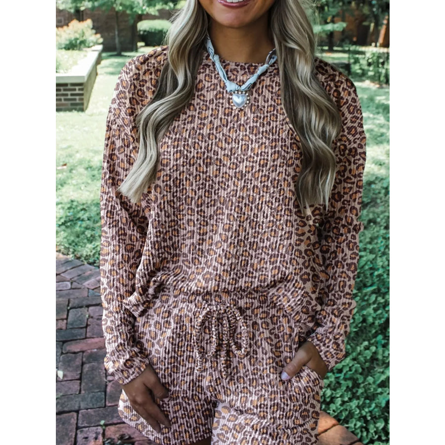 Leopard Ribbed Long Sleeve Top Drawstring Shorts 2pcs Outfit Leopard / S Apparel and Accessories