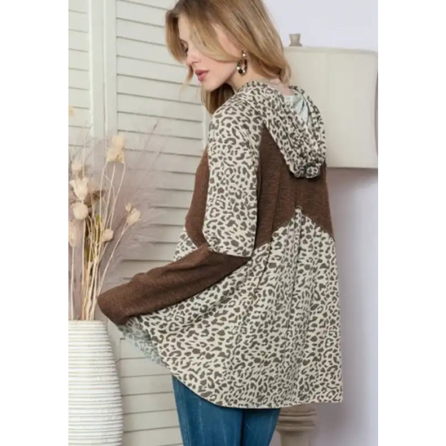 Leopard Ribbed Patchwork Drawstring Hoodie Apparel and Accessories