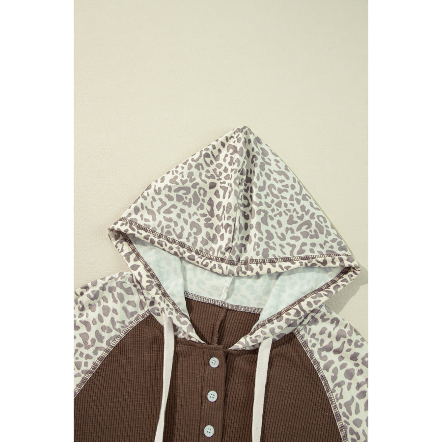 Leopard Ribbed Patchwork Drawstring Hoodie Apparel and Accessories