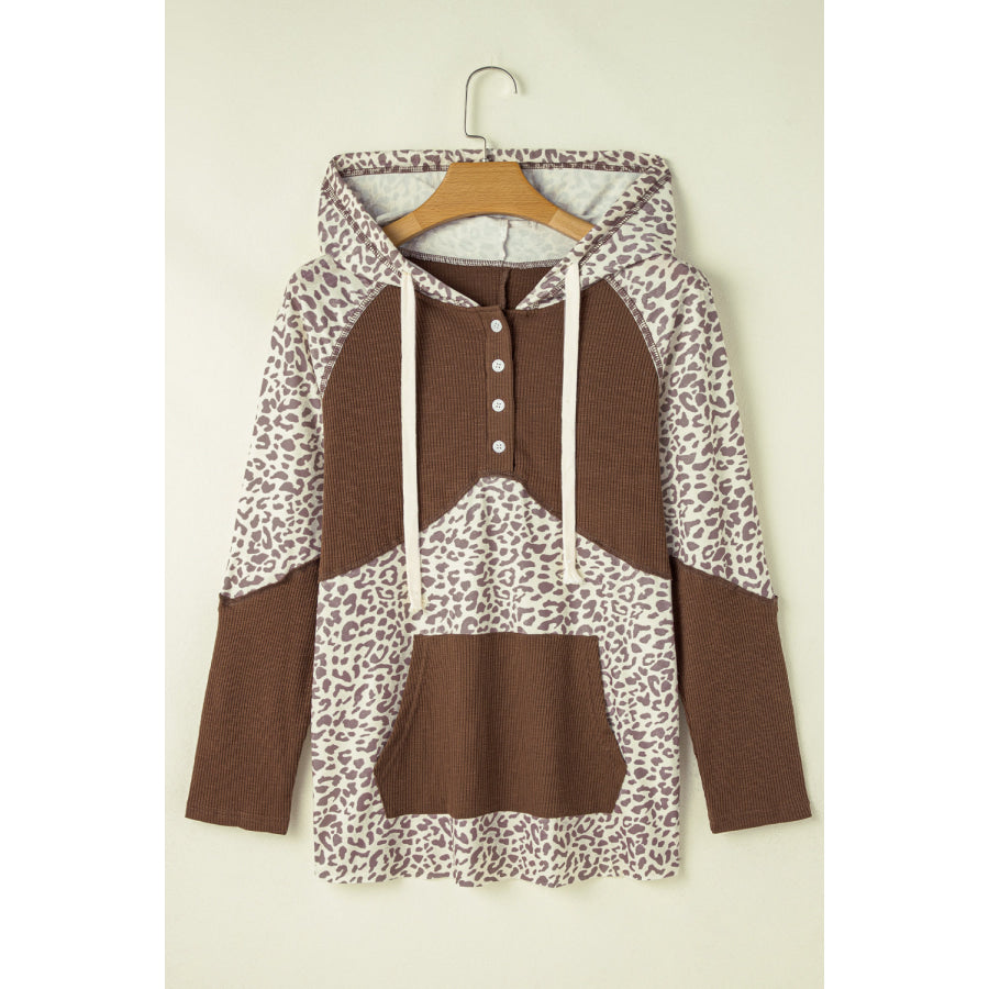 Leopard Ribbed Patchwork Drawstring Hoodie Apparel and Accessories