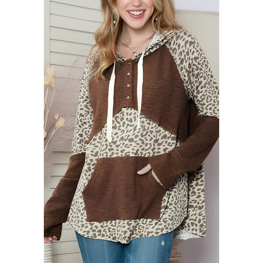 Leopard Ribbed Patchwork Drawstring Hoodie Apparel and Accessories