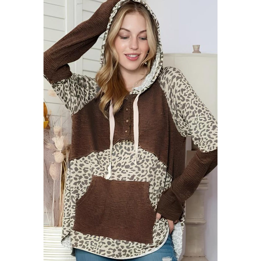 Leopard Ribbed Patchwork Drawstring Hoodie Apparel and Accessories