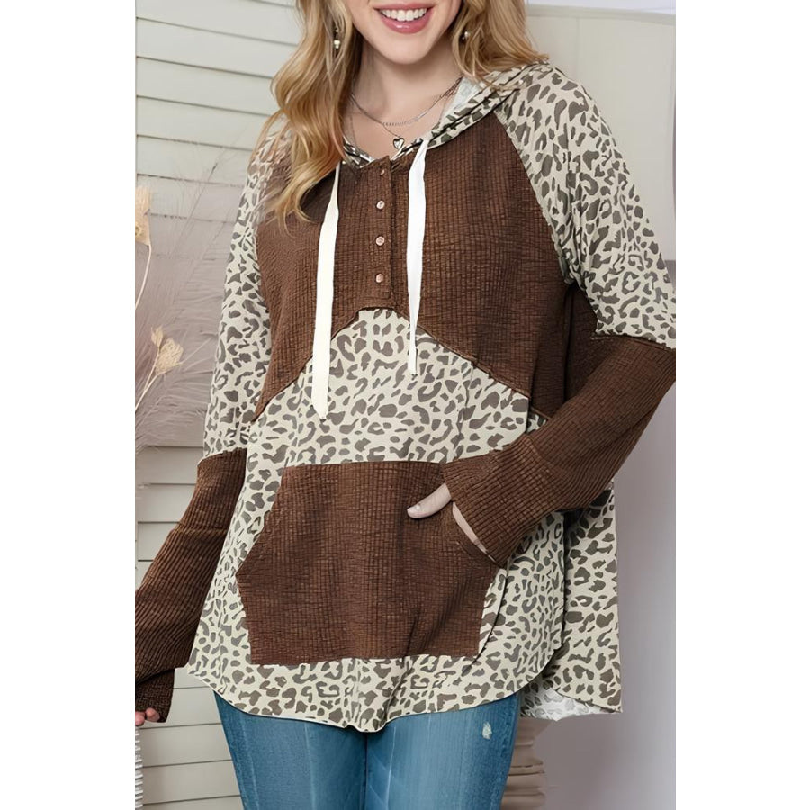 Leopard Ribbed Patchwork Drawstring Hoodie Leopard / S Apparel and Accessories