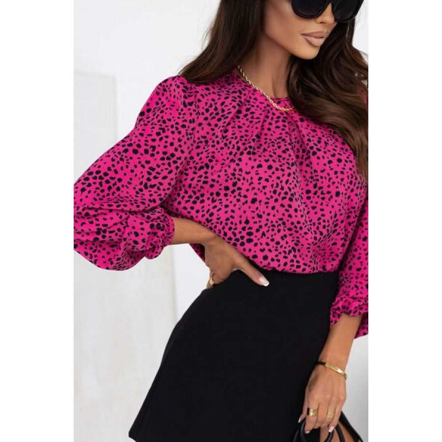 Leopard Round Neck Balloon Sleeve Blouse Clothing