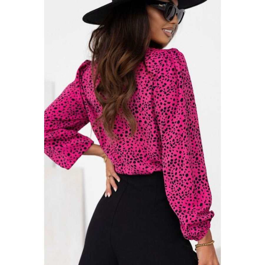 Leopard Round Neck Balloon Sleeve Blouse Clothing