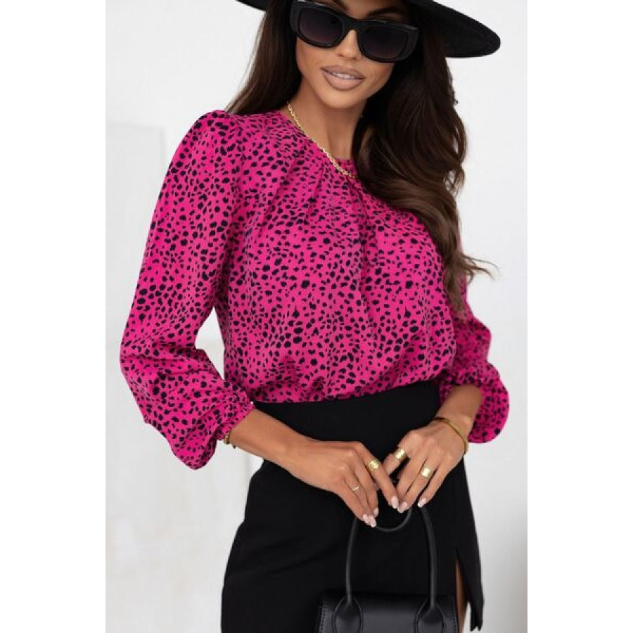 Leopard Round Neck Balloon Sleeve Blouse Clothing