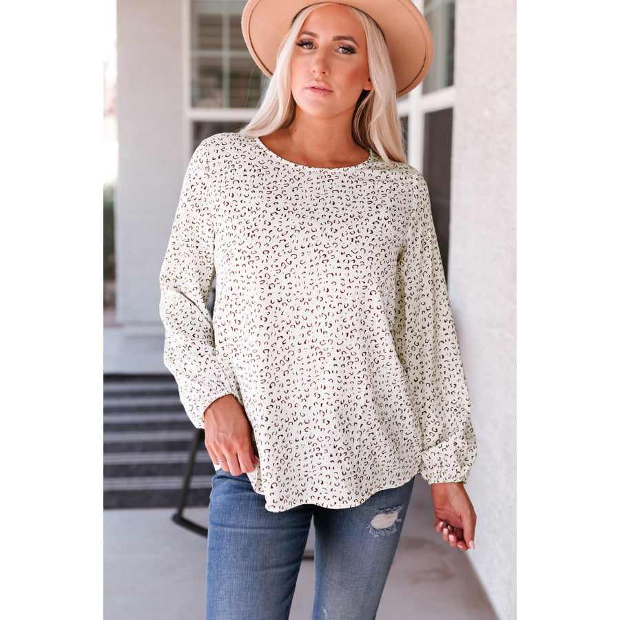 Leopard Round Neck Balloon Sleeve Blouse