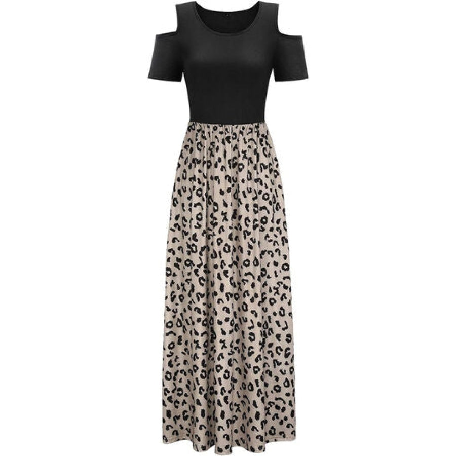 Leopard Round Neck Cold Shoulder Dress Apparel and Accessories