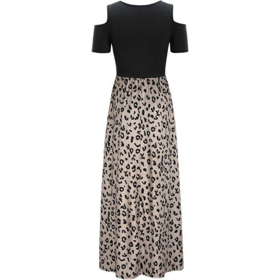 Leopard Round Neck Cold Shoulder Dress Apparel and Accessories