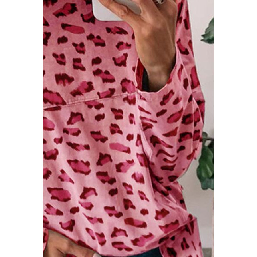 Leopard Round Neck Dropped Shoulder Blouse Carnation Pink / S Apparel and Accessories