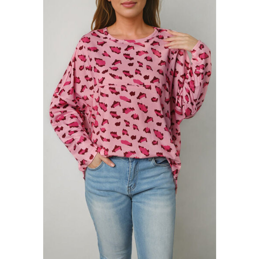 Leopard Round Neck Dropped Shoulder Blouse Carnation Pink / S Apparel and Accessories