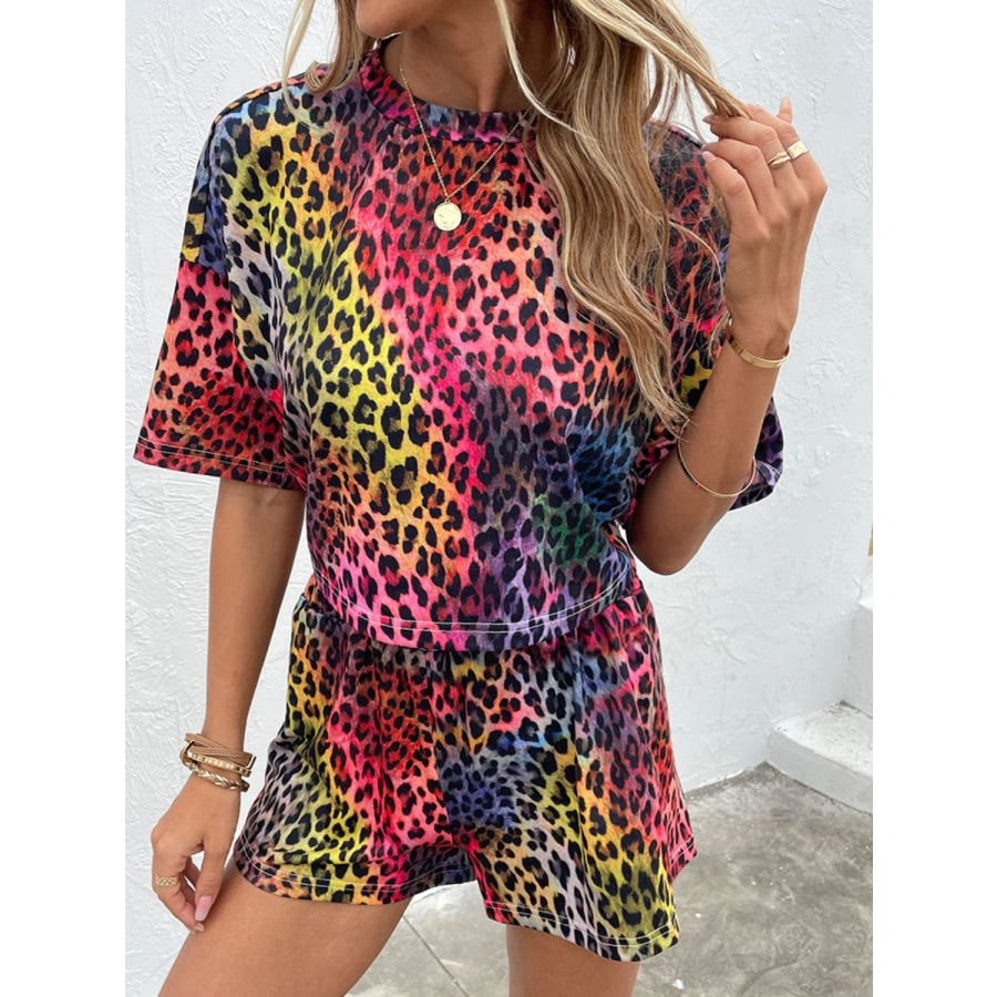 Leopard Round Neck Dropped Shoulder Half Sleeve Top and Shorts Set