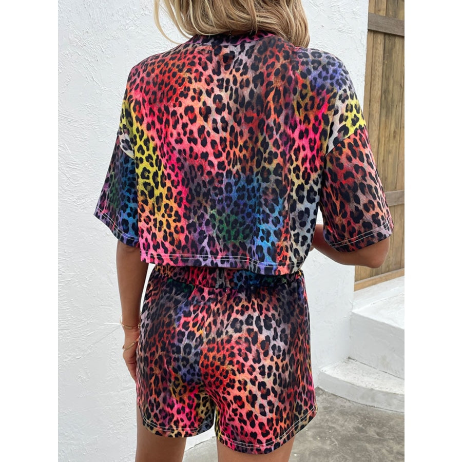 Leopard Round Neck Dropped Shoulder Half Sleeve Top and Shorts Set Leopard / S