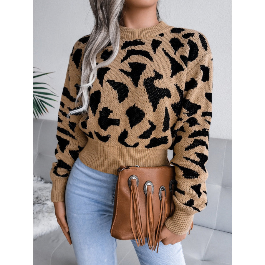 Leopard Round Neck Dropped Shoulder Sweater Apparel and Accessories