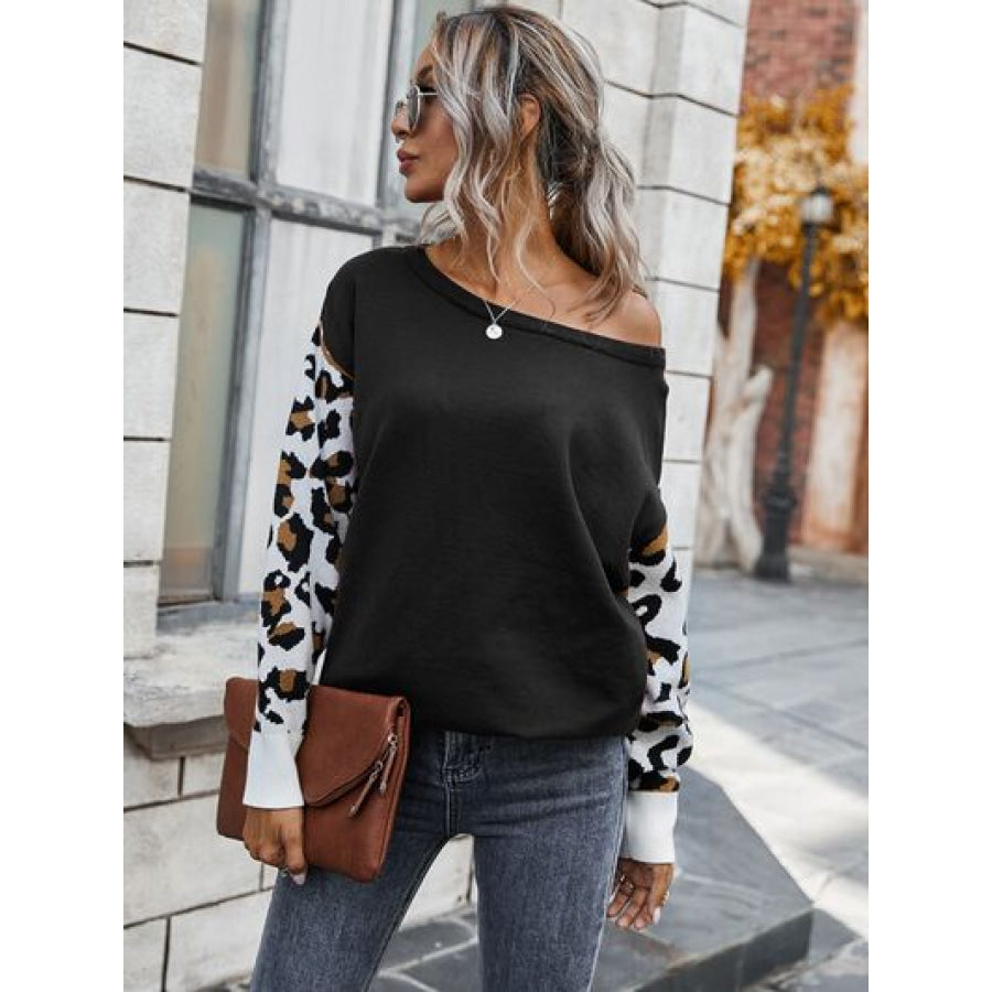 Leopard Round Neck Dropped Shoulder Sweater Apparel and Accessories