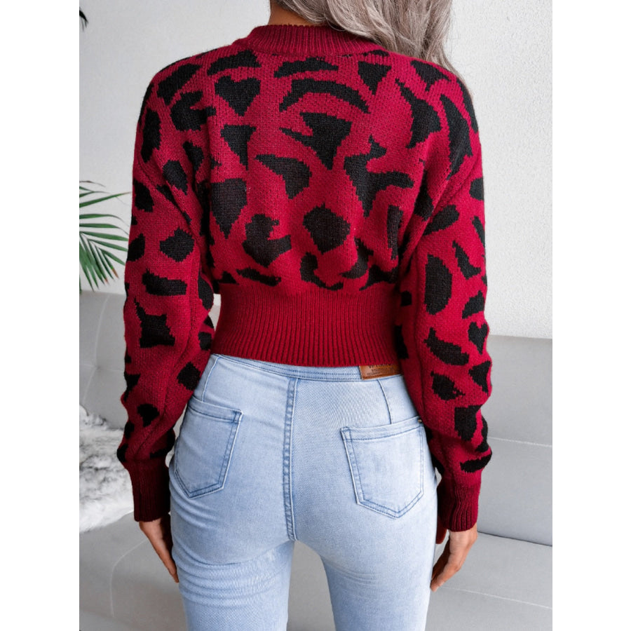 Leopard Round Neck Dropped Shoulder Sweater Apparel and Accessories