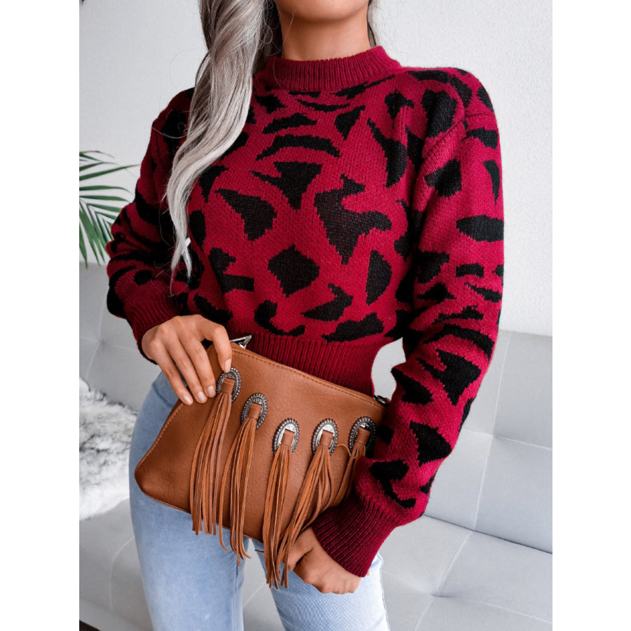 Leopard Round Neck Dropped Shoulder Sweater Apparel and Accessories