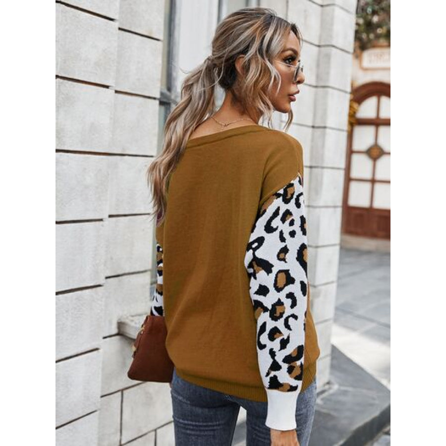Leopard Round Neck Dropped Shoulder Sweater Apparel and Accessories