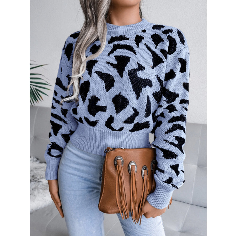 Leopard Round Neck Dropped Shoulder Sweater Apparel and Accessories