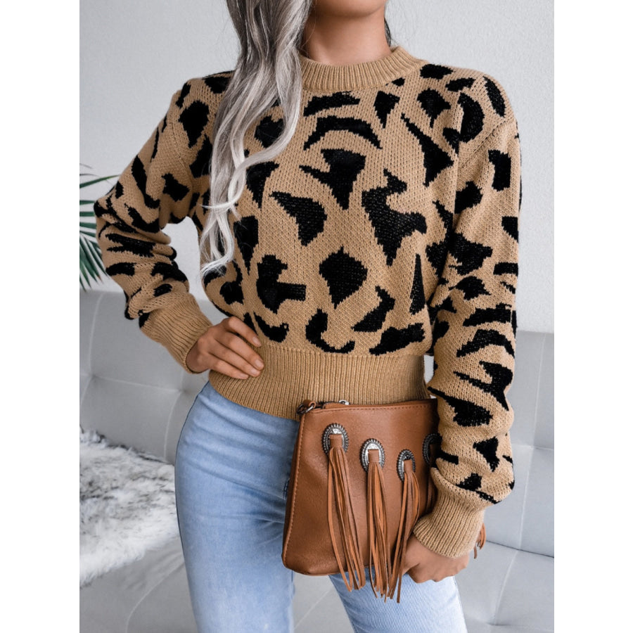 Leopard Round Neck Dropped Shoulder Sweater Camel / S Apparel and Accessories