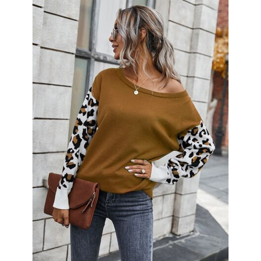 Leopard Round Neck Dropped Shoulder Sweater Olive / S Apparel and Accessories