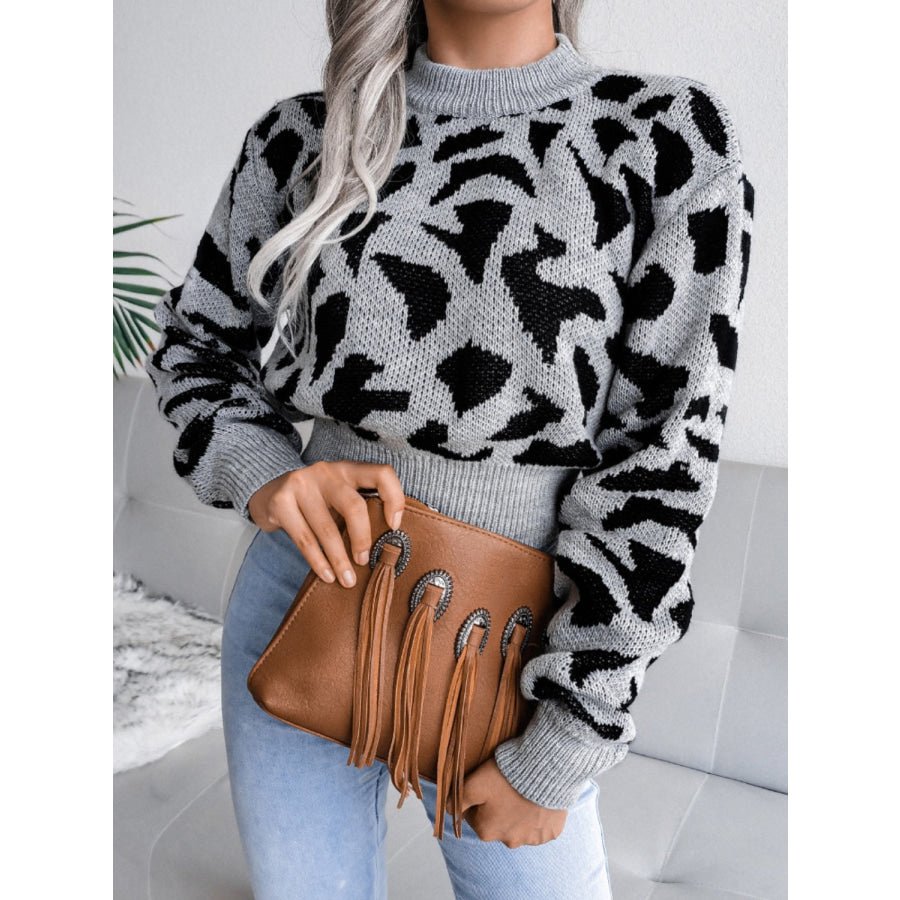 Leopard Round Neck Dropped Shoulder Sweater Pastel Blue / S Apparel and Accessories