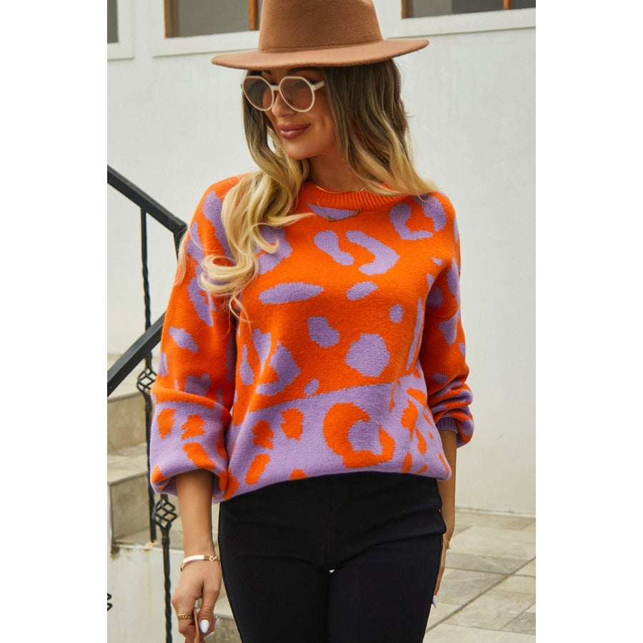 Leopard Round Neck Dropped Shoulder Sweater Red Orange / S