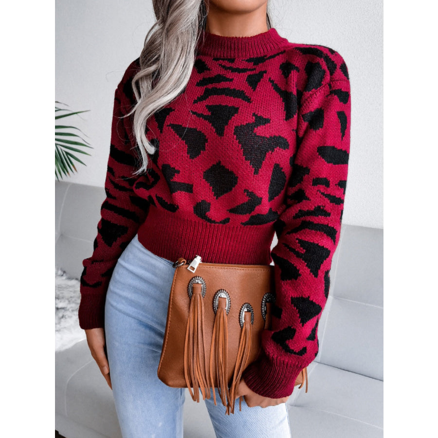 Leopard Round Neck Dropped Shoulder Sweater Rust / S Apparel and Accessories