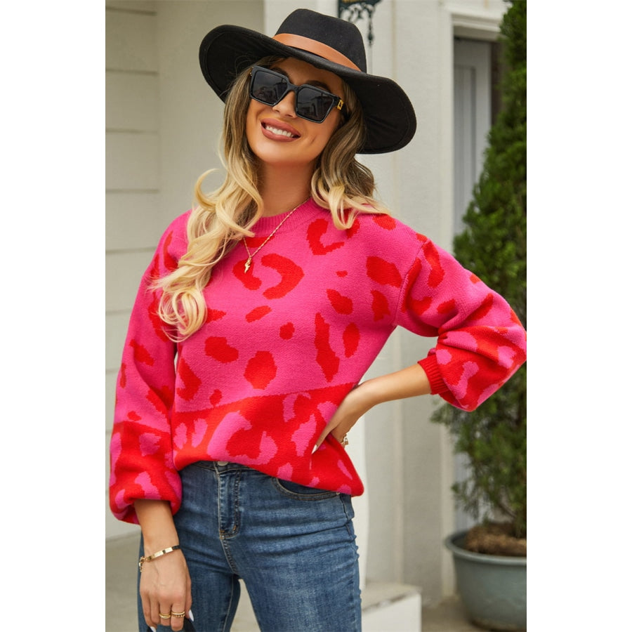 Leopard Round Neck Dropped Shoulder Sweater Strawberry / S