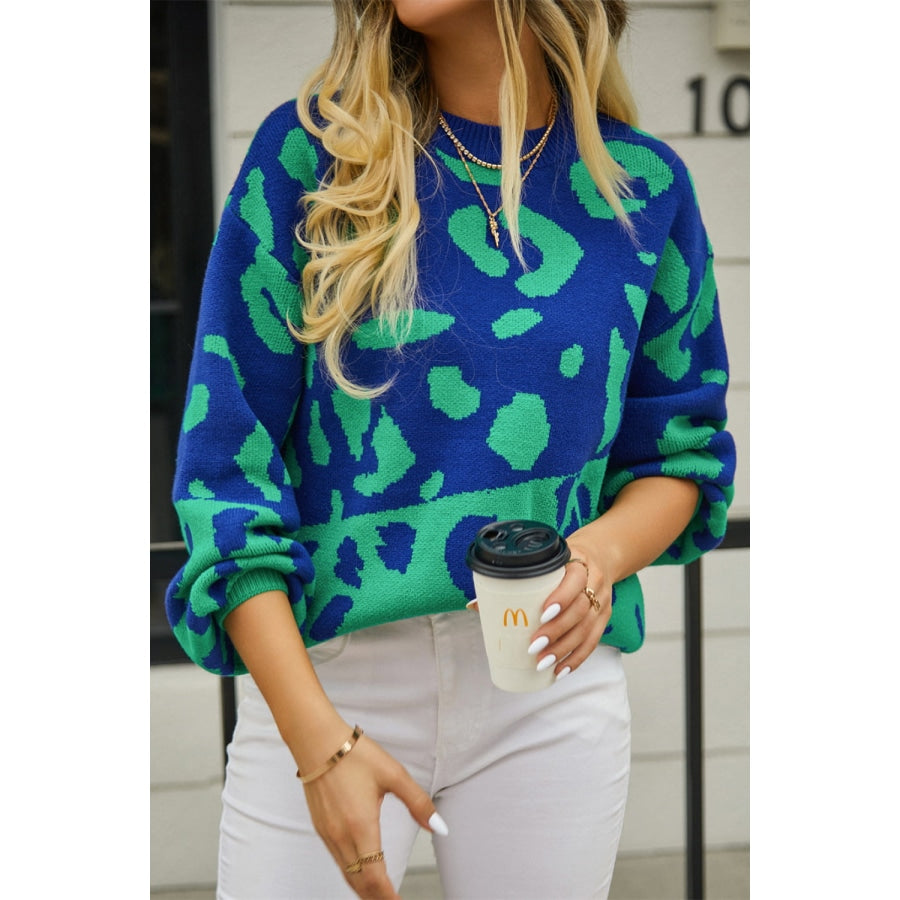 Leopard Round Neck Dropped Shoulder Sweater Teal / S