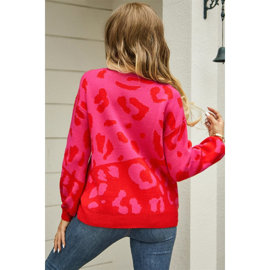 Leopard Round Neck Dropped Shoulder Sweater Strawberry / S