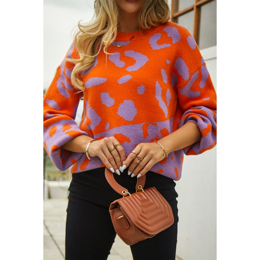 Leopard Round Neck Dropped Shoulder Sweater