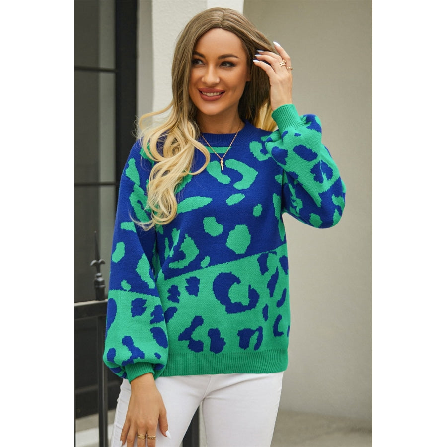 Leopard Round Neck Dropped Shoulder Sweater