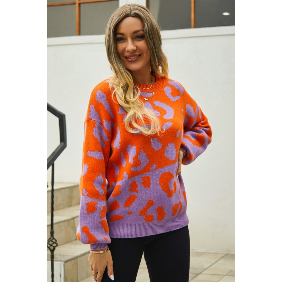 Leopard Round Neck Dropped Shoulder Sweater