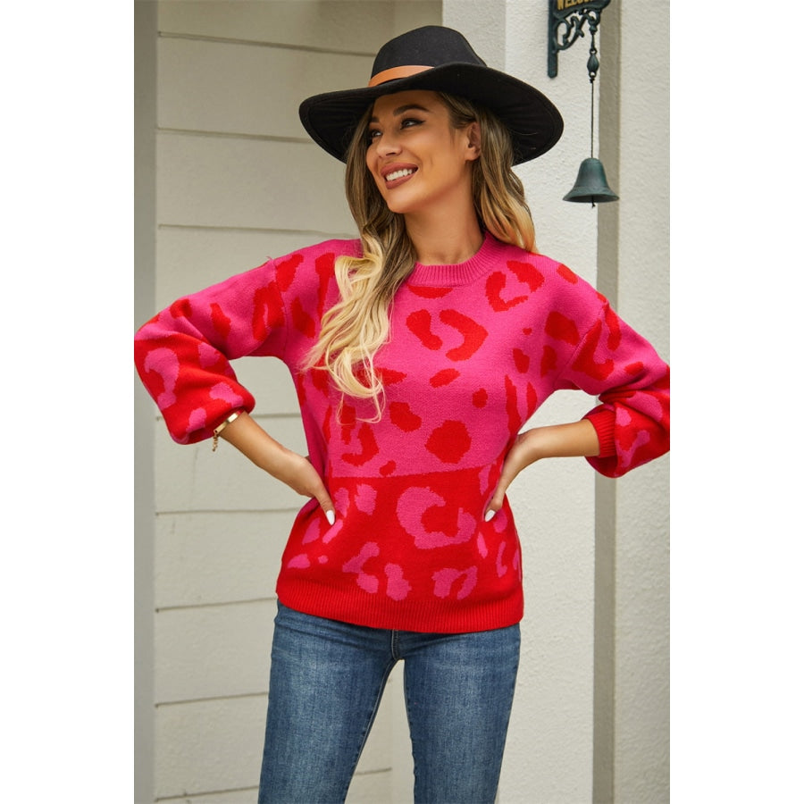 Leopard Round Neck Dropped Shoulder Sweater