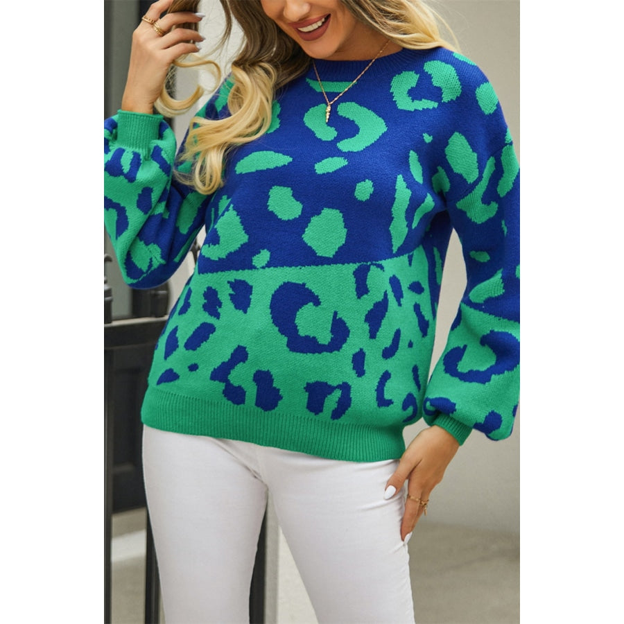 Leopard Round Neck Dropped Shoulder Sweater