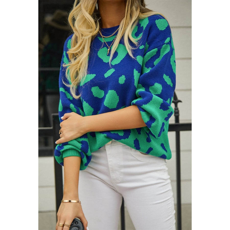 Leopard Round Neck Dropped Shoulder Sweater