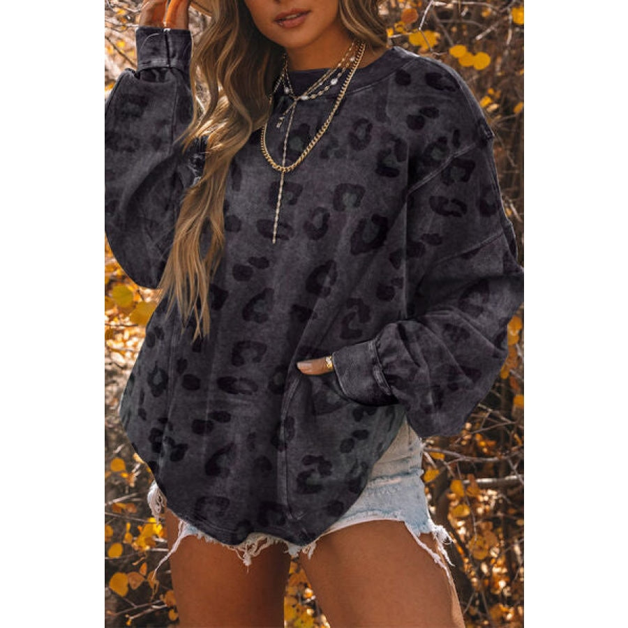 Leopard Round Neck Dropped Shoulder Sweatshirt Charcoal / S Clothing