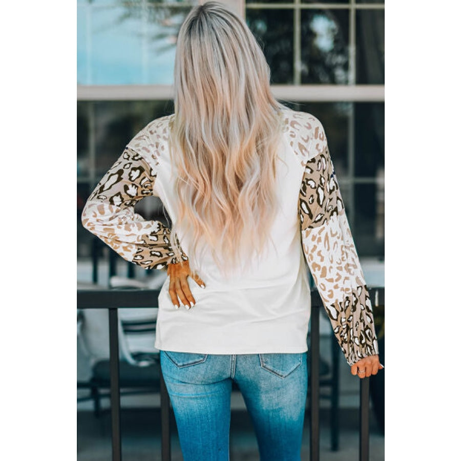 Leopard Round Neck Dropped Shoulder T-Shirt White / S Apparel and Accessories