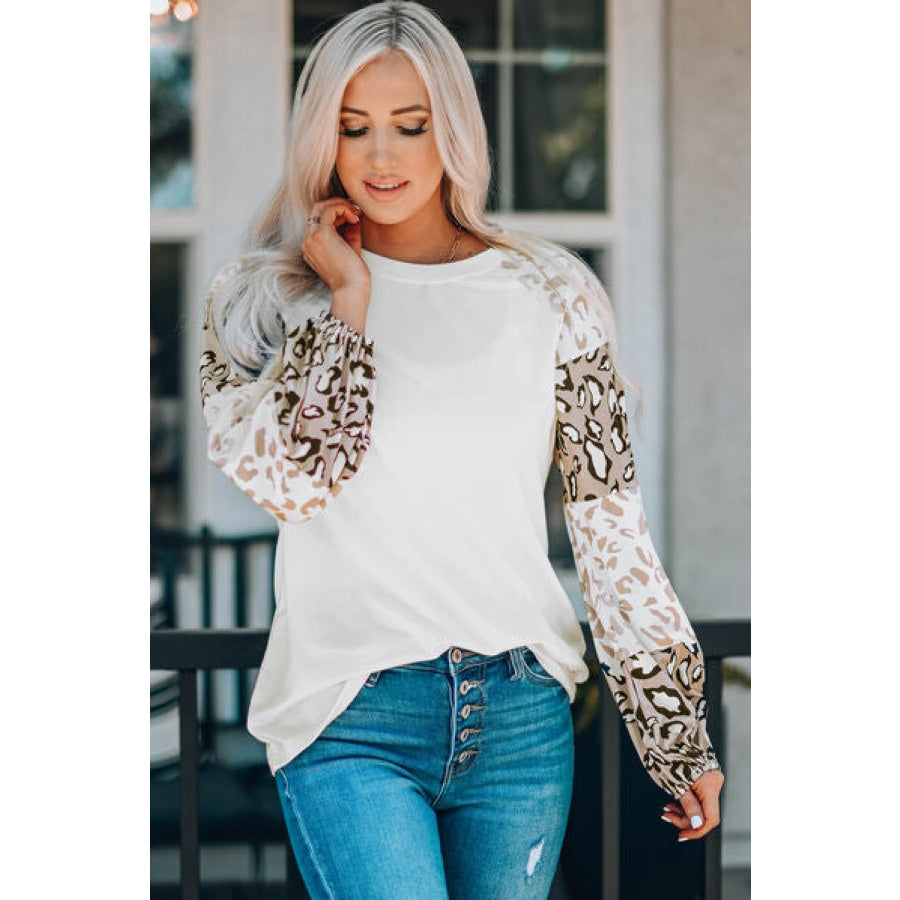 Leopard Round Neck Dropped Shoulder T-Shirt White / S Apparel and Accessories