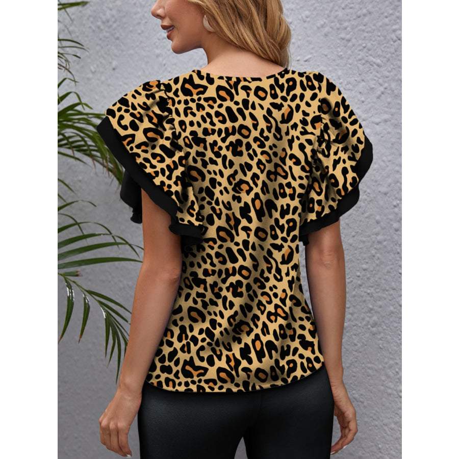 Leopard Round Neck Flounce Sleeve Blouse Apparel and Accessories