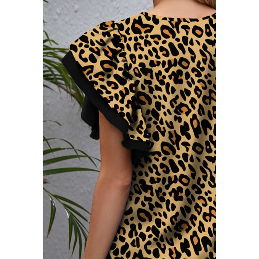 Leopard Round Neck Flounce Sleeve Blouse Apparel and Accessories