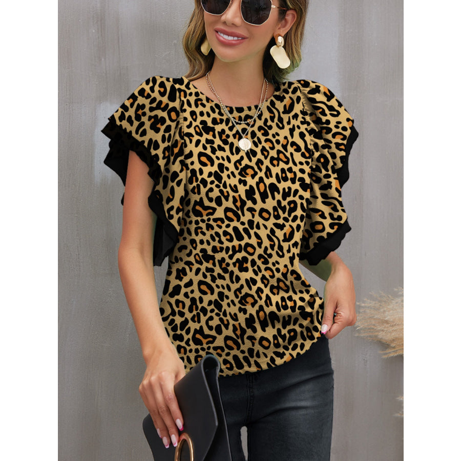 Leopard Round Neck Flounce Sleeve Blouse Olive / S Apparel and Accessories