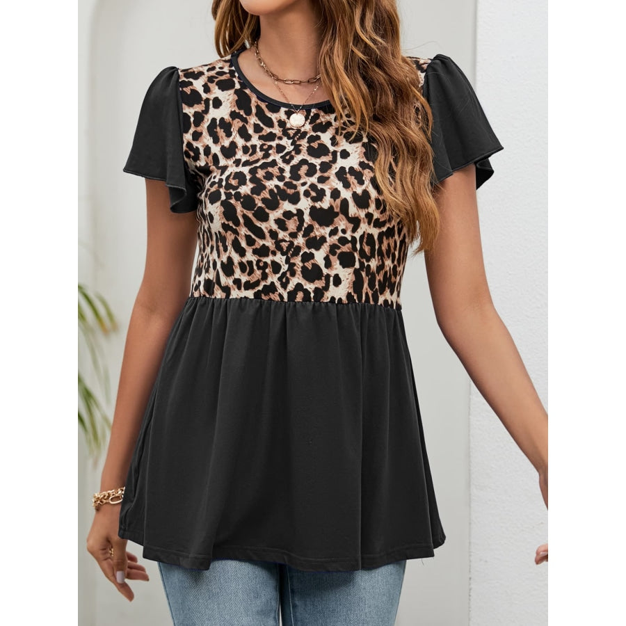 Leopard Round Neck Flutter Sleeve Babydoll Blouse Black / S