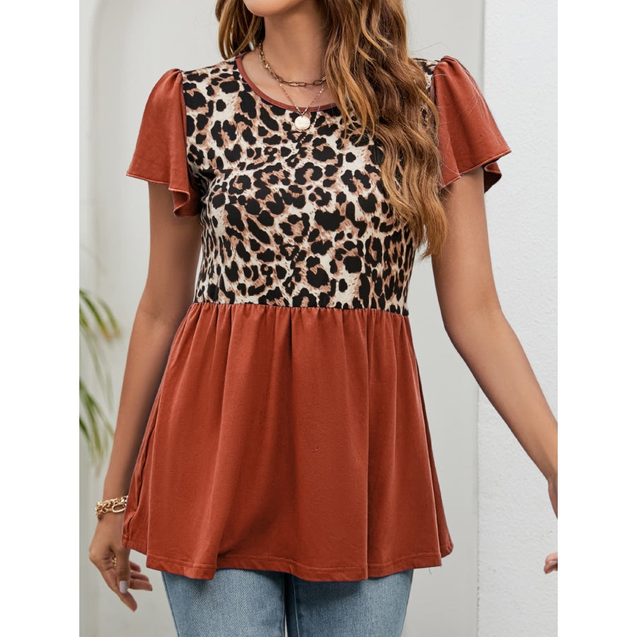 Leopard Round Neck Flutter Sleeve Babydoll Blouse Brick Red / S